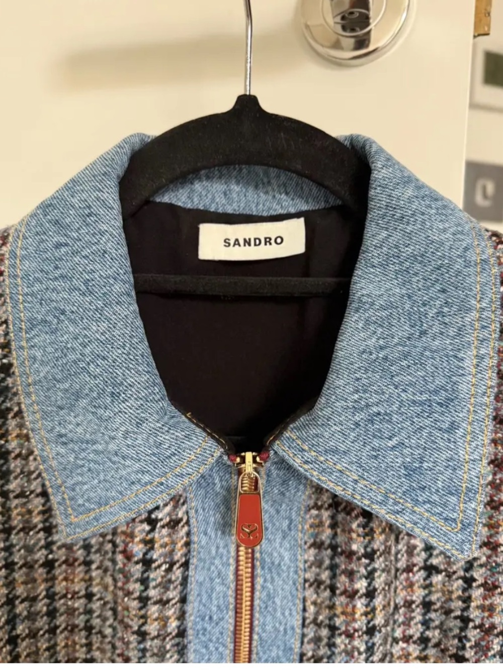Sandro Check Mary Mini Dress with Blue Denim Trim *LIKE NEW* Size 34 - Picture 3 of 4